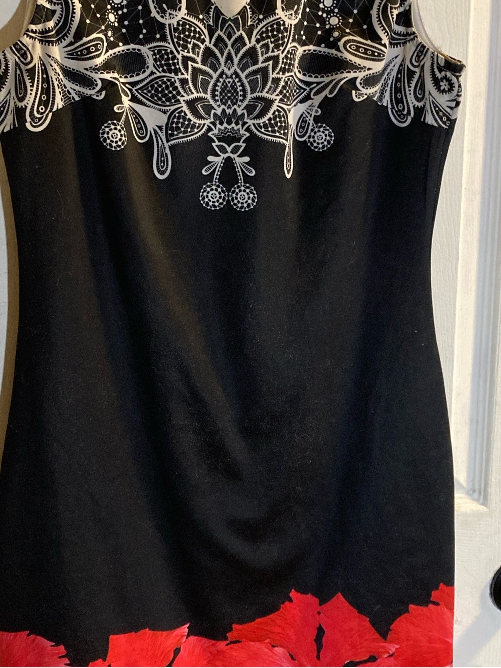 Black Sleeveless Shift Dress with White Crochet Yoke and Red Floral Hem